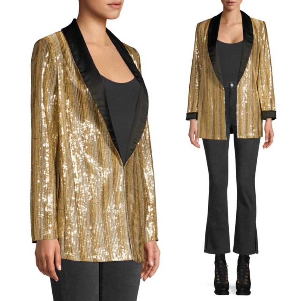 Alice + Olivia Jace Gold Sequin Black Satin Shawl Collar Blazer XS Jacket